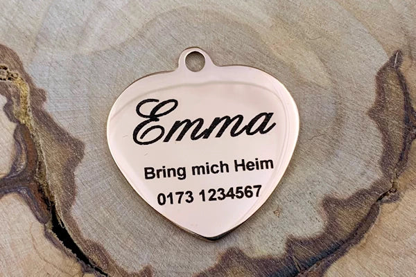 Hundemarke mit Foto und Gravur als Herz roségold - Muster Rückseite