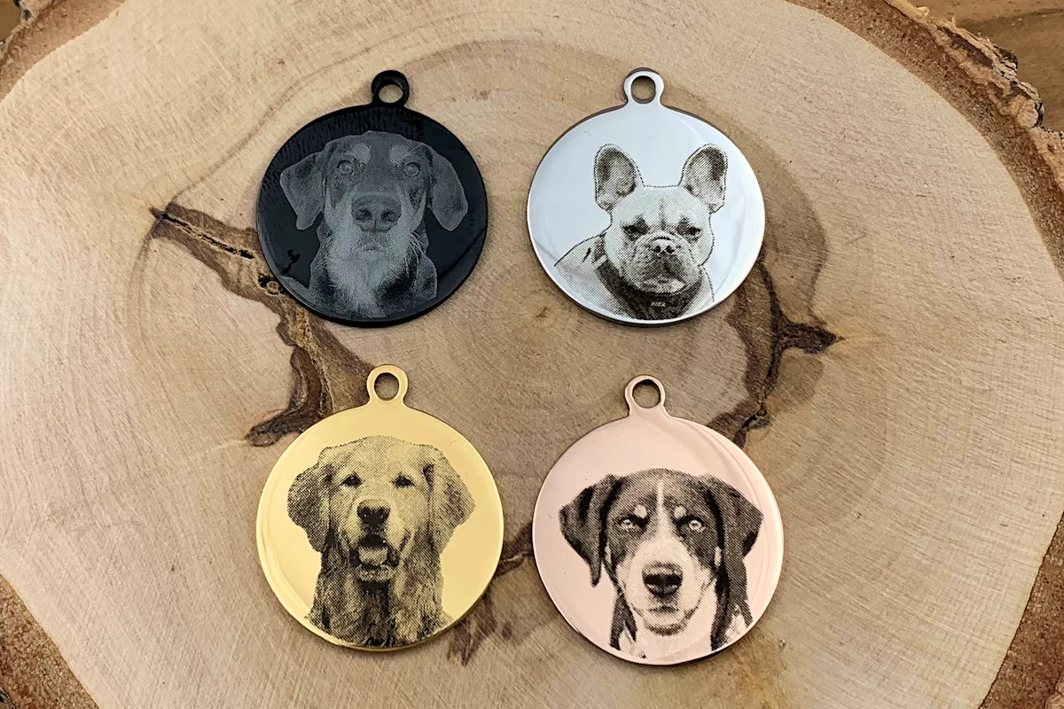 Hundemarke mit Foto und Gravur rund Muster