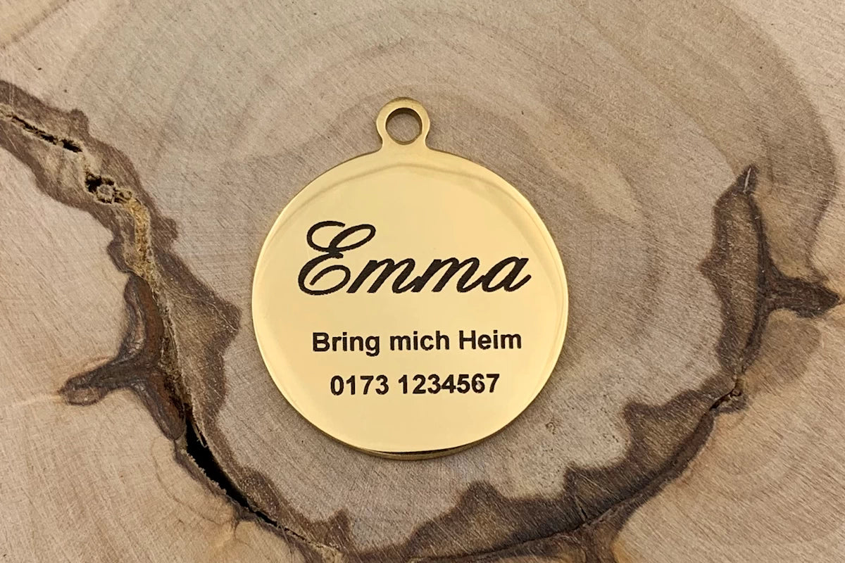 Hundemarke mit Foto und Gravur rund gold Muster Rückseite