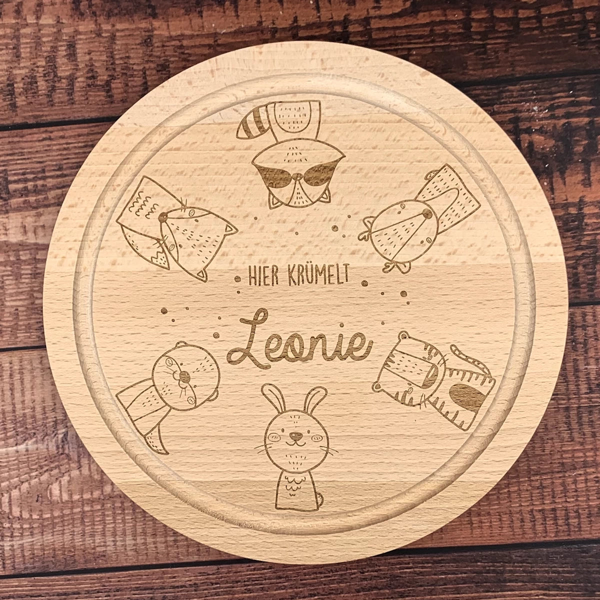 Personalisiertes Holz-Frühstücksbrettchen für Kinder mit Gravur - Motiv Waldtiere & Name