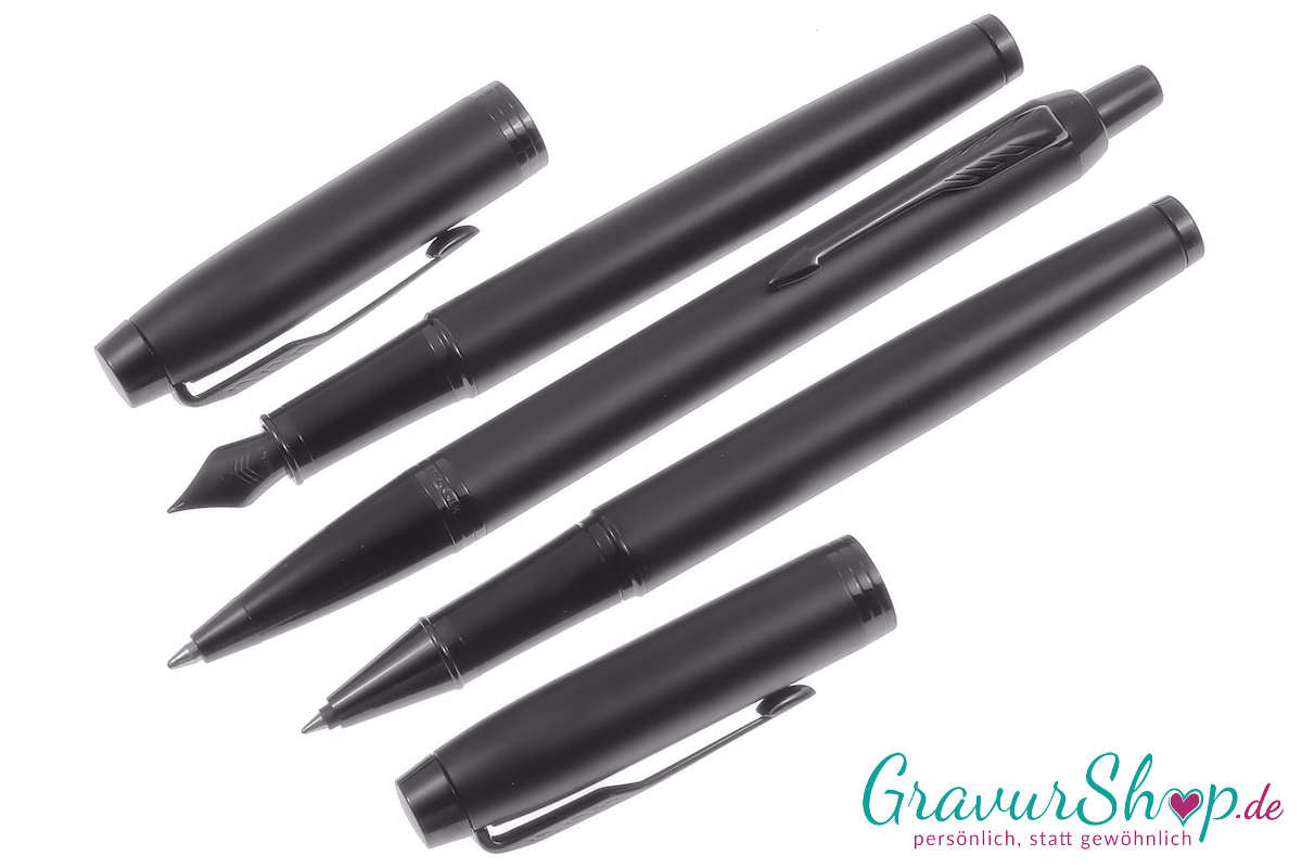 Parker IM Schreibset Kuli + Füller + Tintenroller Chromatique Schwarz mit Gravur geöffnet