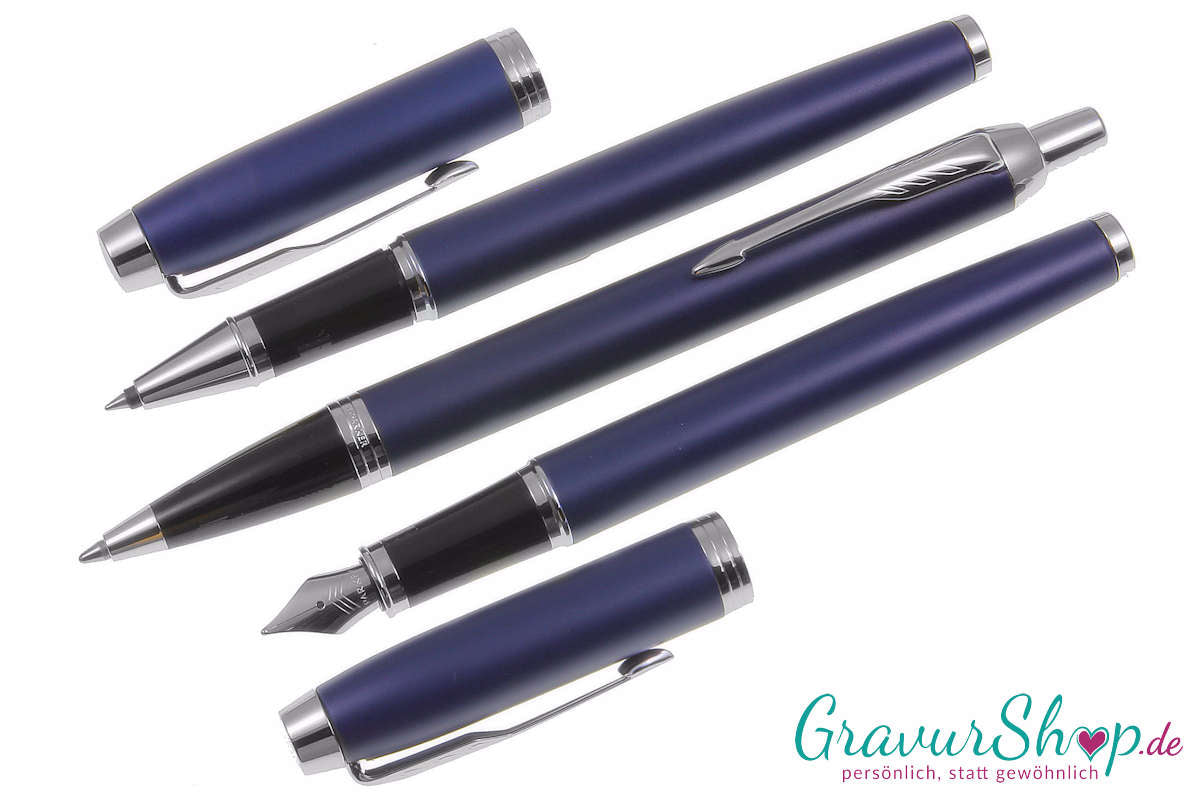Parker IM Schreibset Matte Blue Kuli Füller Tintenroller mit Gravur geöffnet