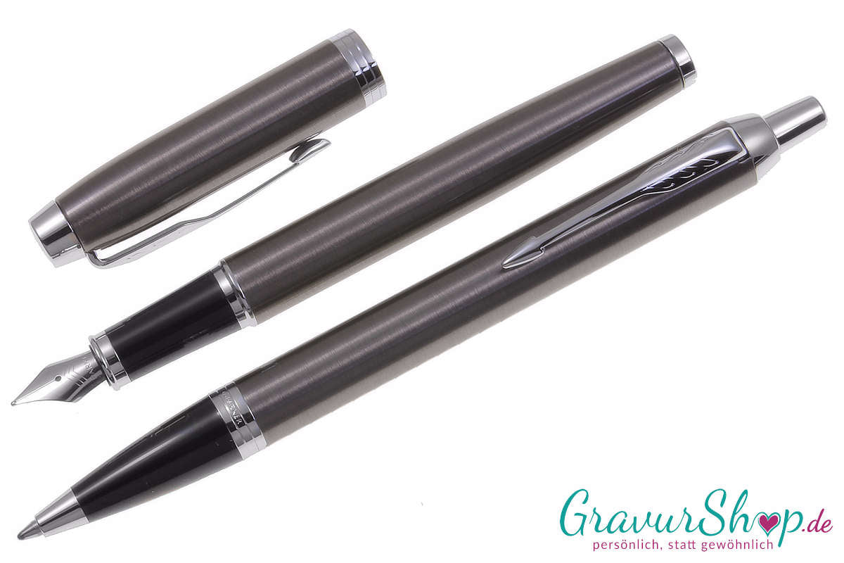 Parker IM Schreibset Kuli + Füller Dark Espresso mit Gravur geöffnet