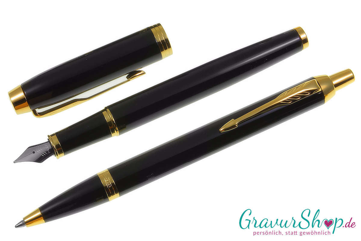Parker IM Schreibset Kuli + Füller Schwarz Gold mit Gravur geöffnet