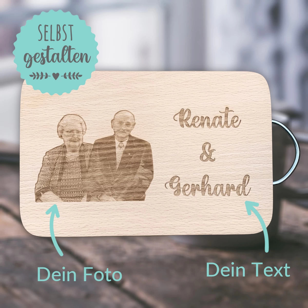 Personalized Engraved Cutting Board – Your Own Photo & Text | Beechwood with Metal Handle