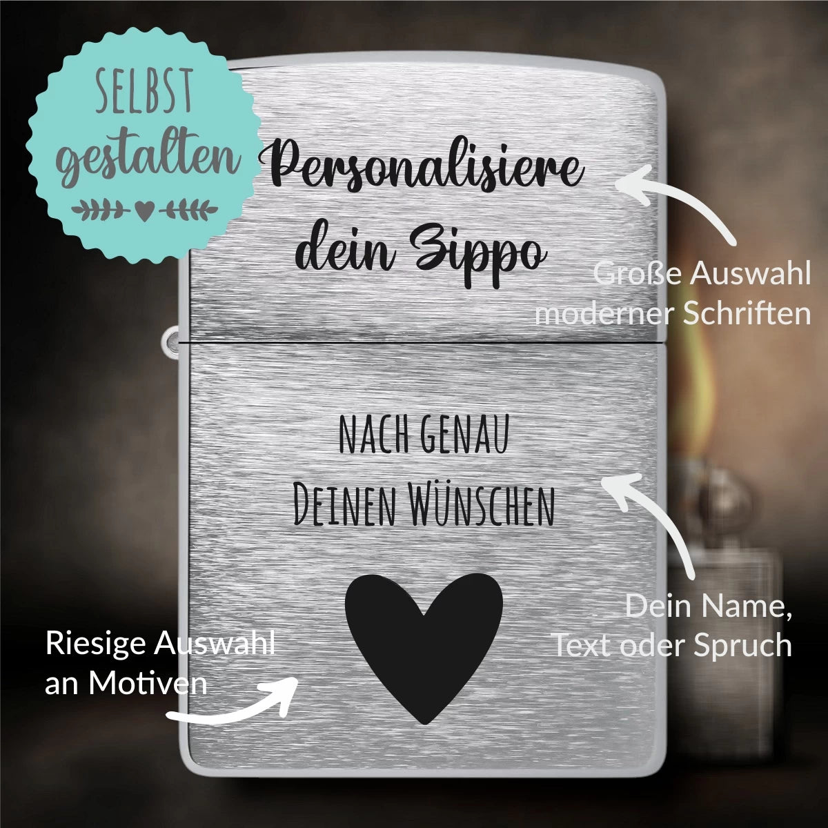 Original Zippo® Chrome Brushed | Feuerzeug mit Gravur | Personalisiertes Sturmfeuerzeug