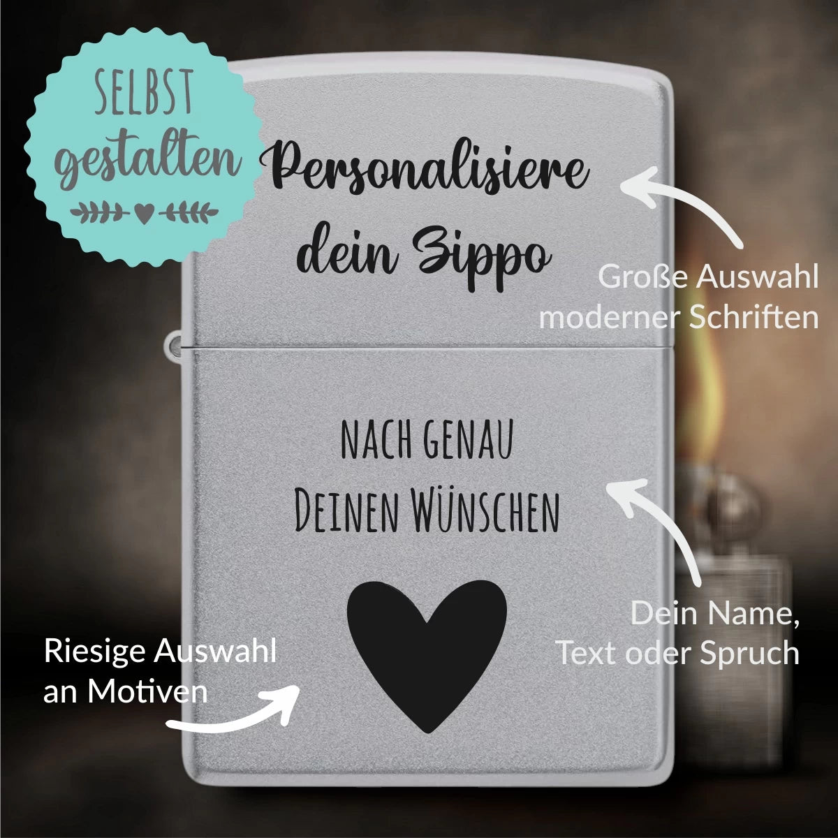 Original Zippo® Satin Chrome | Feuerzeug mit Gravur | Personalisiertes Sturmfeuerzeug