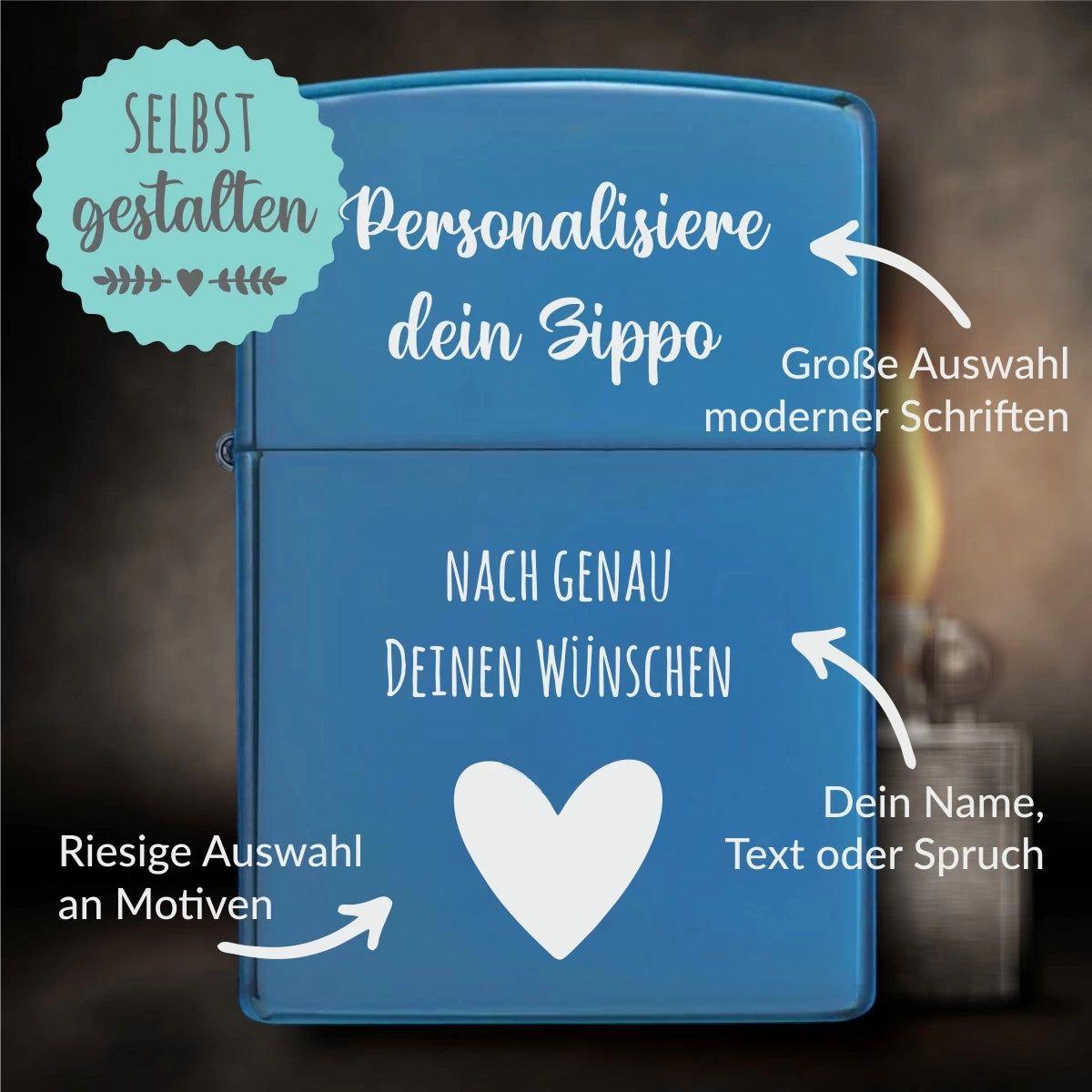 Original Zippo® High Polish Blue | Feuerzeug mit Gravur | Personalisiertes Sturmfeuerzeug
