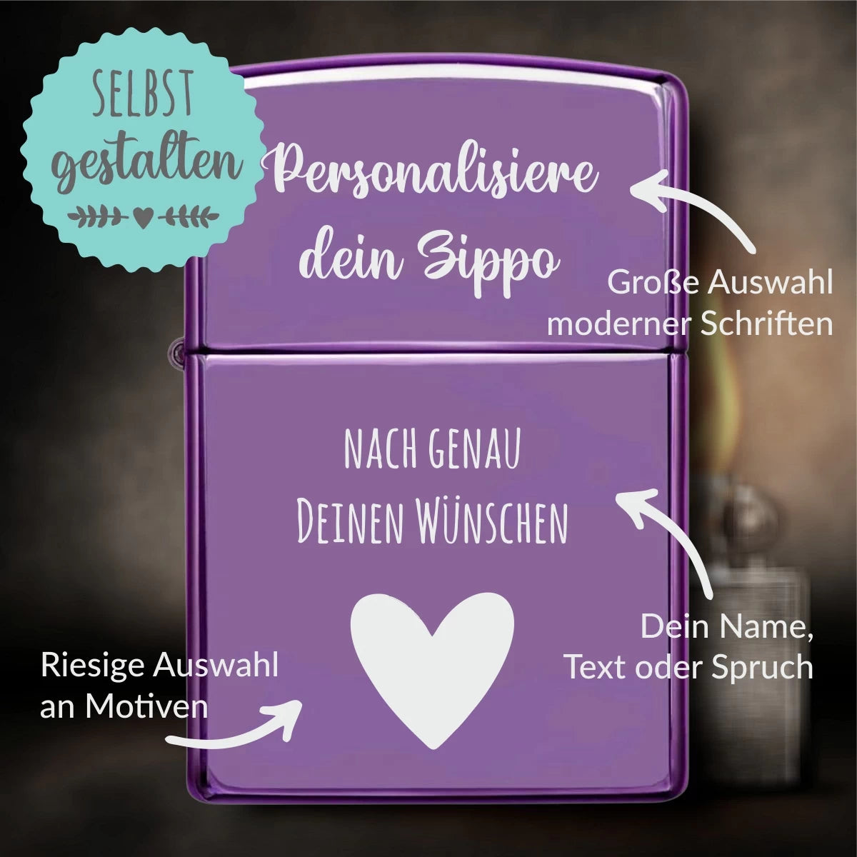 Original Zippo® High Polish Purple | Feuerzeug mit Gravur | Personalisiertes Sturmfeuerzeug