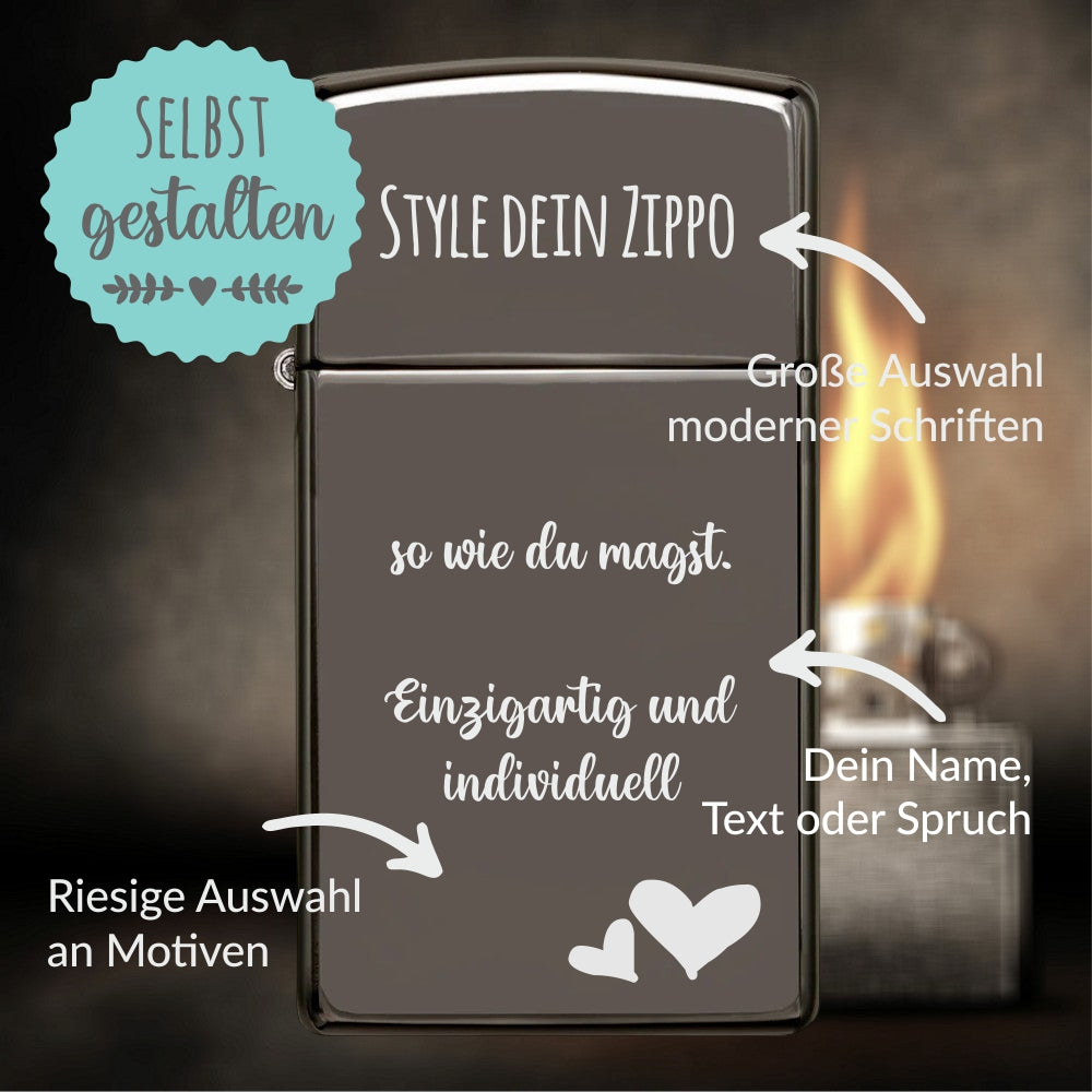 Zippo®Slim mit Gravur | Black Ice | Personalisiertes Sturmfeuerzeug