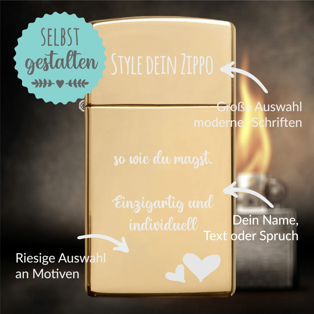 Zippo®Slim mit Gravur | Brass High Polish | Personalisiertes Sturmfeuerzeug