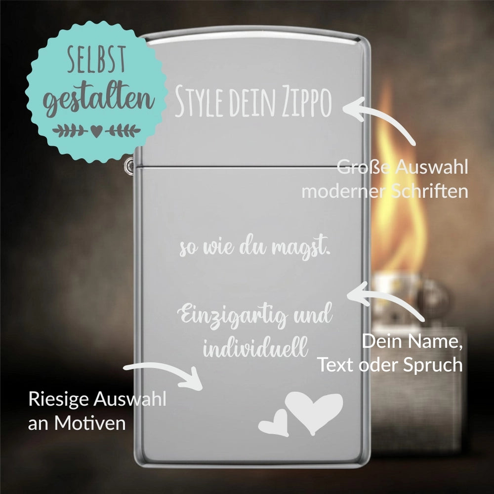Zippo®Slim mit Gravur | Chrome High Polish | Personalisiertes Sturmfeuerzeug