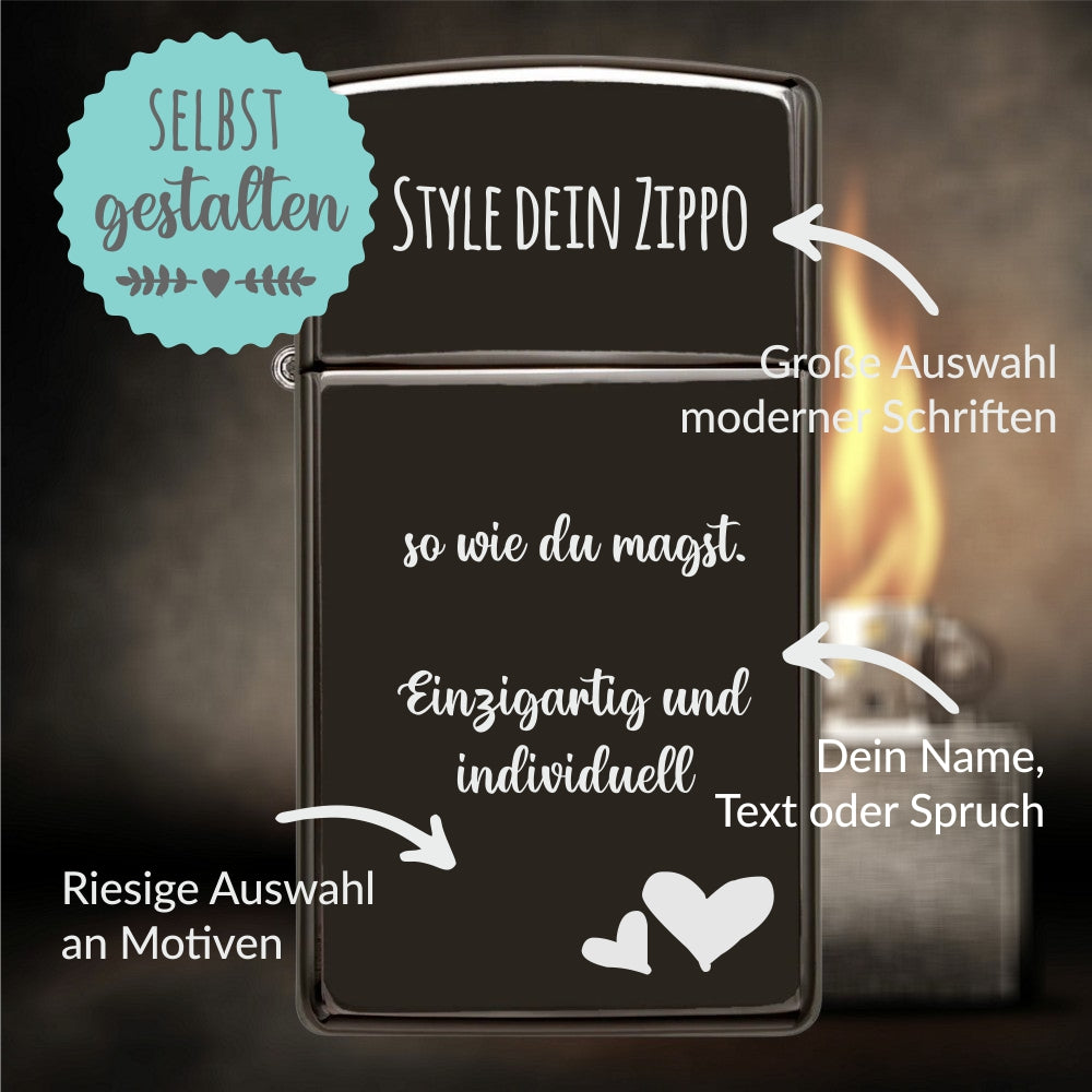 Zippo®Slim mit Gravur | High Polish Black - Ebony | Personalisiertes Sturmfeuerzeug