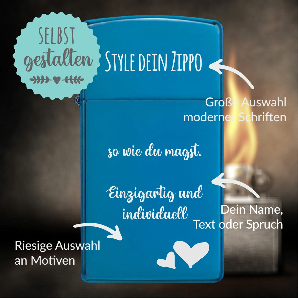 Zippo®Slim mit Gravur | High Polish Blue - Sapphire | Personalisiertes Sturmfeuerzeug