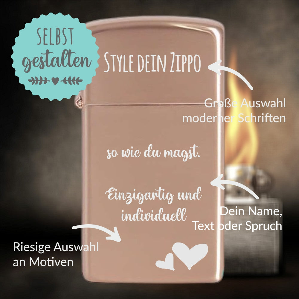 Zippo®Slim mit Gravur | High Polish Rose Gold | Personalisiertes Sturmfeuerzeug