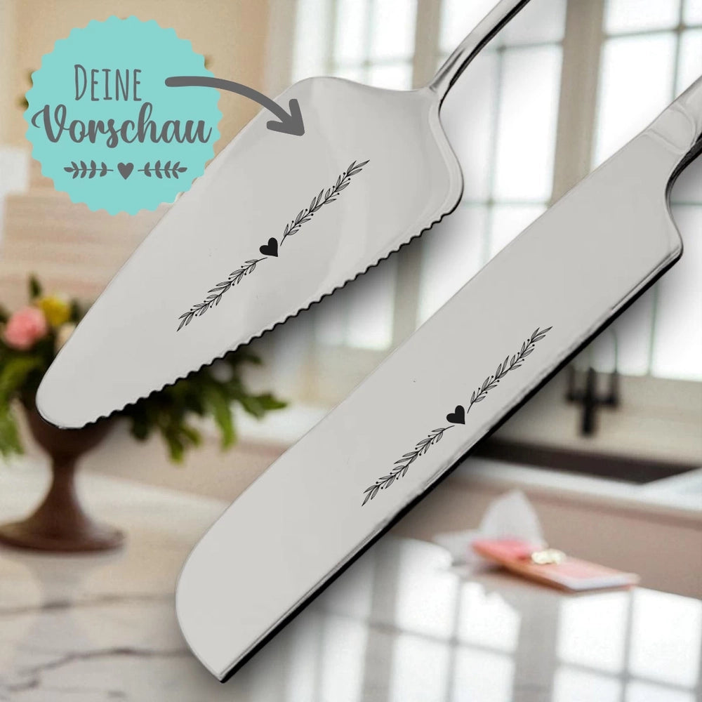 Graviertes Tortenmesser & Tortenheber Set | Personalisiertes Geschenk zur Hochzeit | Style 2