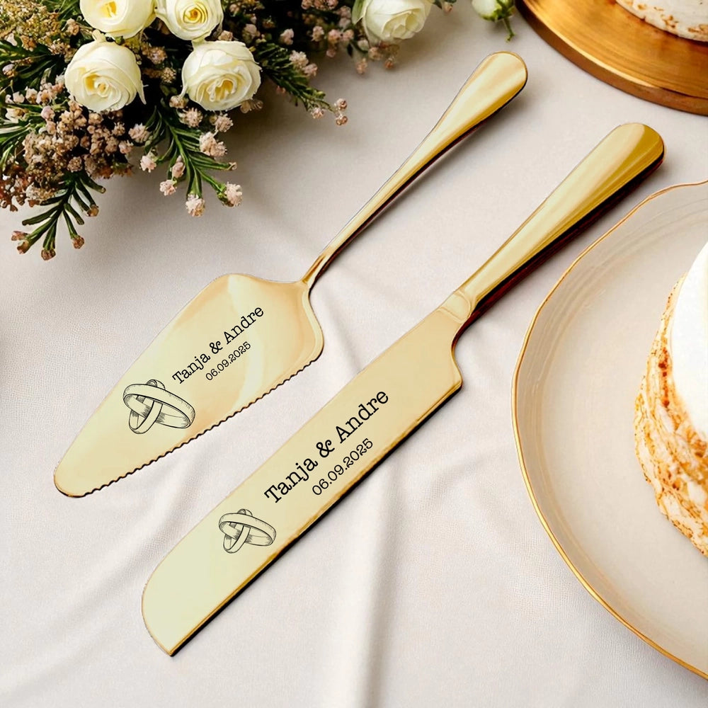 Personalisiertes Tortenmesser und Tortenheber in Gold mit individueller Gravur, frei wählbarem Text und Wunschmotiv.