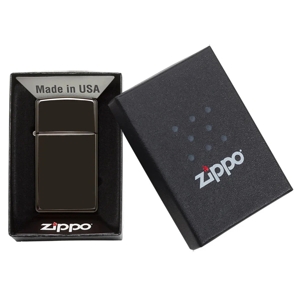 Zippo®Slim mit Gravur | High Polish Black - Ebony | Personalisiertes Sturmfeuerzeug