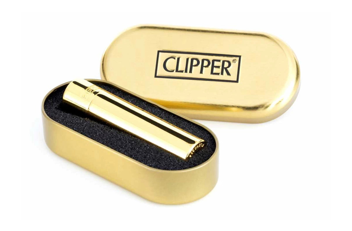 Clipper Feuerzeug Metall gold glänzend mit Gravur im Etui