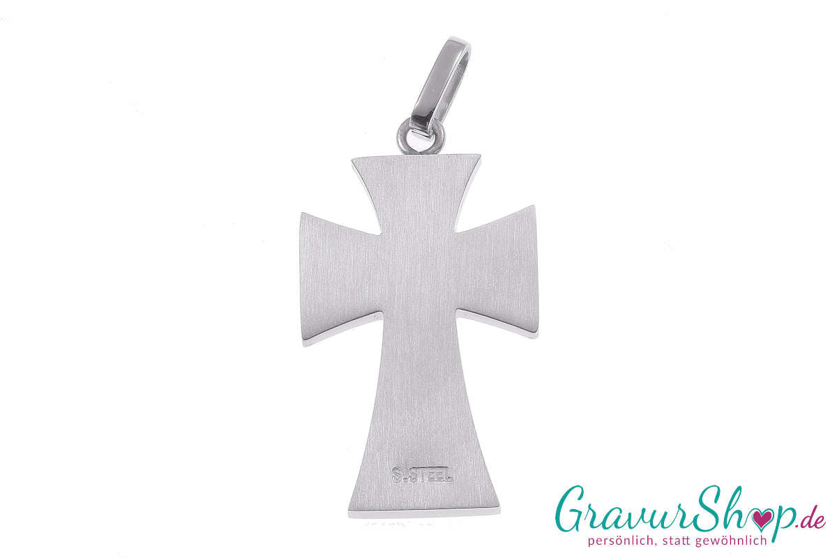 Kreuz Edelstahlanhänger Carbon 35 x 23 mm mit Gravur Rückseite