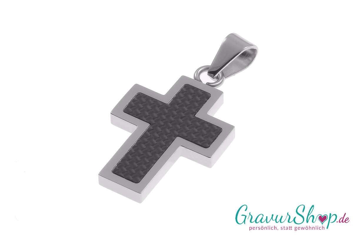 Kreuz Carbon  Edelstahlanhänger 32 x 20 mm mit Gravur