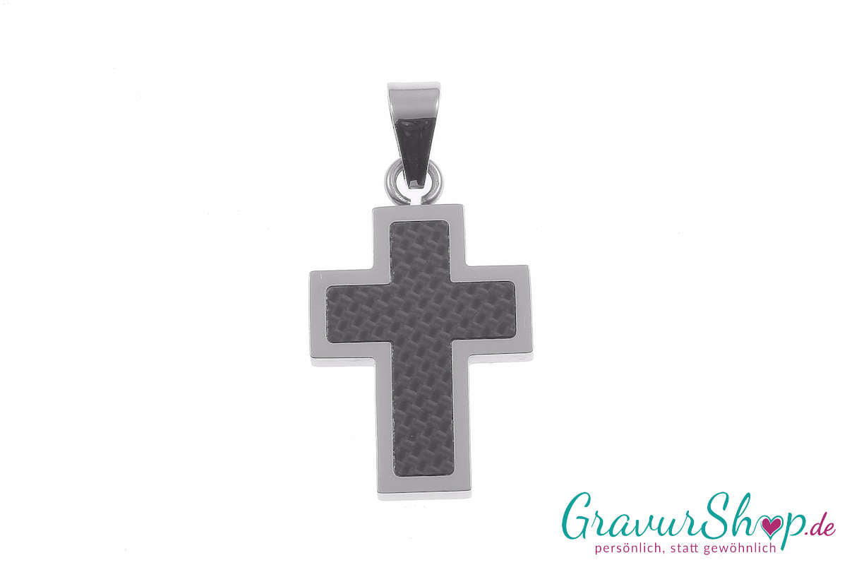 Kreuz Carbon  Edelstahlanhänger 32 x 20 mm mit Gravur