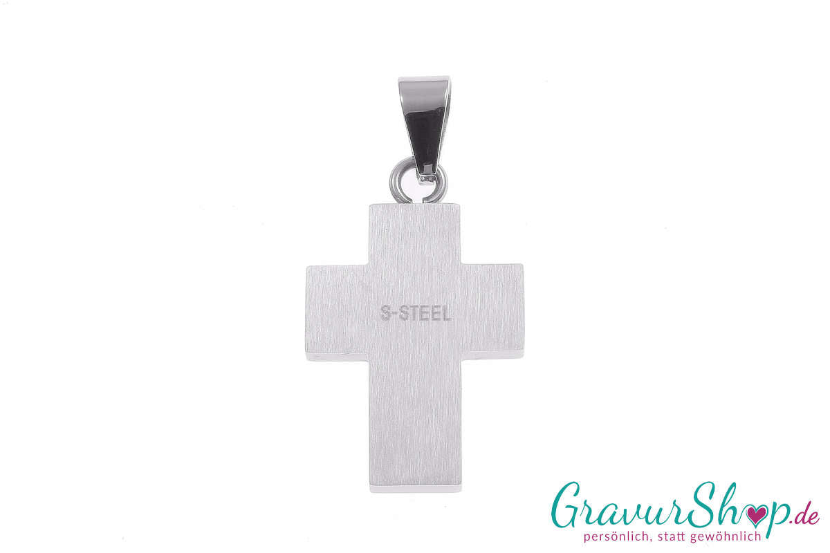 Kreuz Carbon  Edelstahlanhänger 32 x 20 mm mit Gravur Rückseite