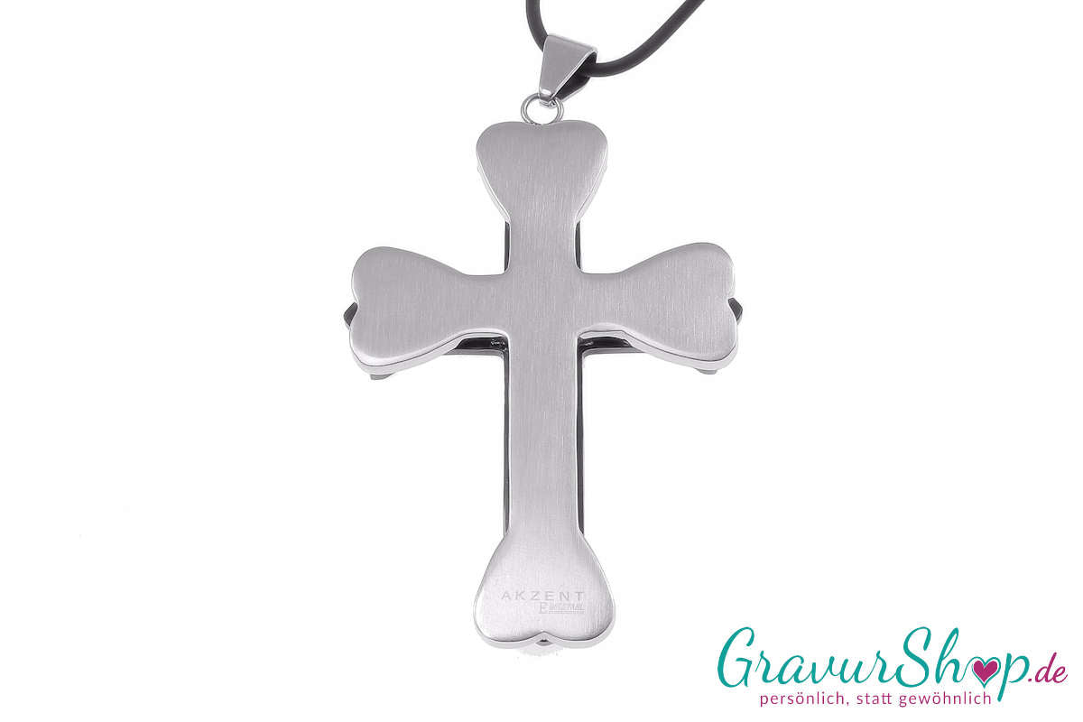 Kreuz Edelstahlanhänger schwarz 75 x 53 mm mit Gravur Rückseite