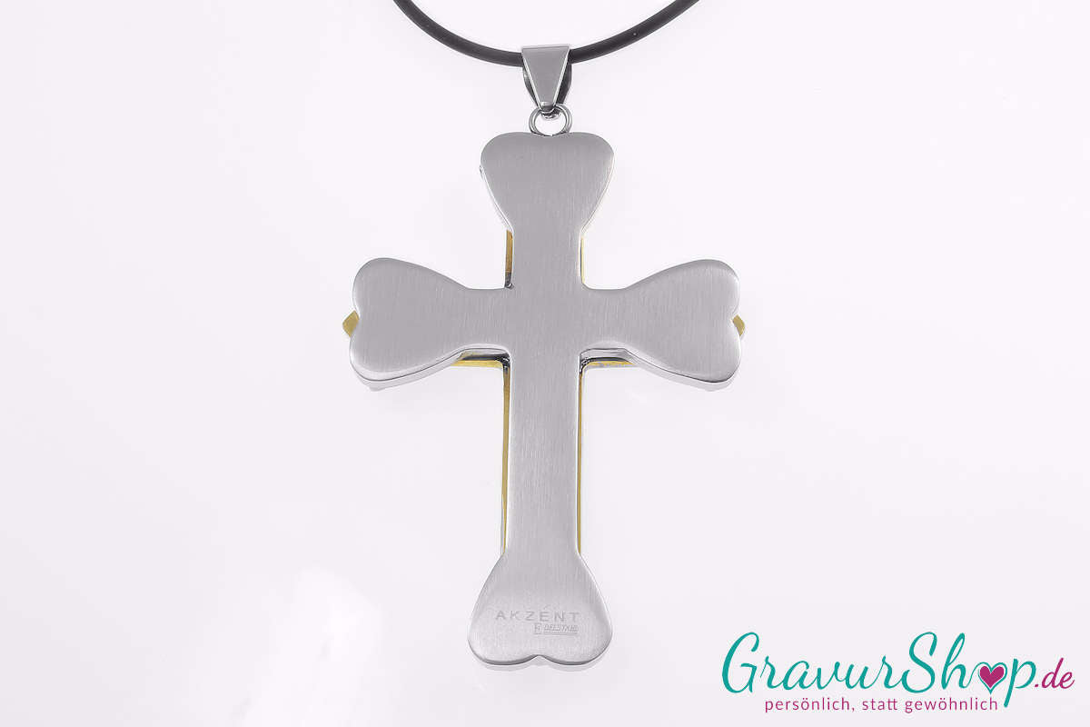 Kreuz Edelstahlanhänger gold 75 x 53 mm mit Gravur Rückseite