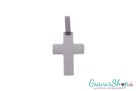 Kreuz Edelstahlanhänger seidenmatt mit Gravur Rückseite