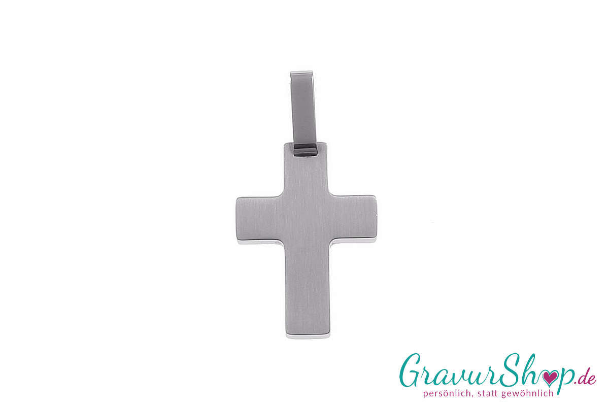 Edelstahlanhänger Kreuz 24 x 18 mm mit Gravur Rückseite