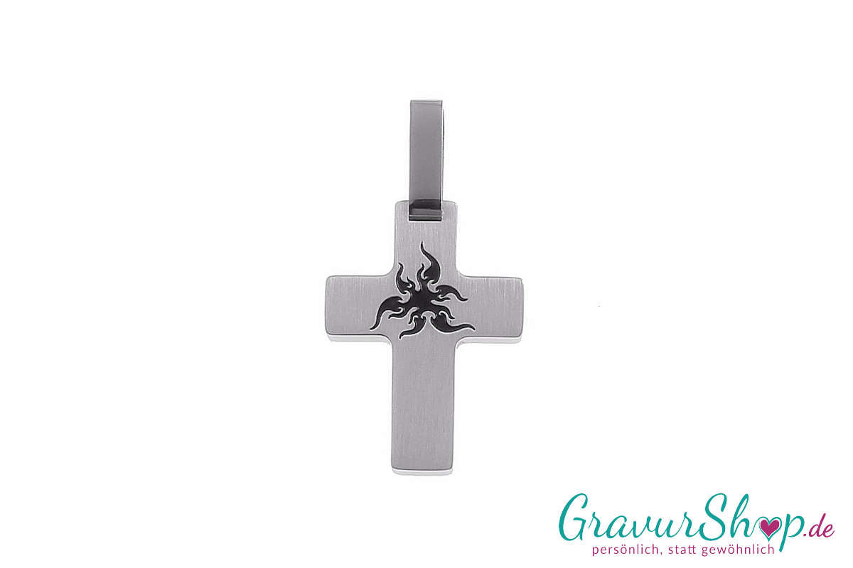 Edelstahlanhänger Kreuz Tribal 24 x 18 mm mit Gravur
