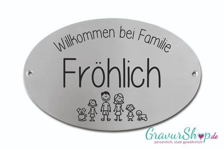 Türschild Familie mit Strichmännchen und Wunschgravur – individuell graviert, Gravur kostenlos