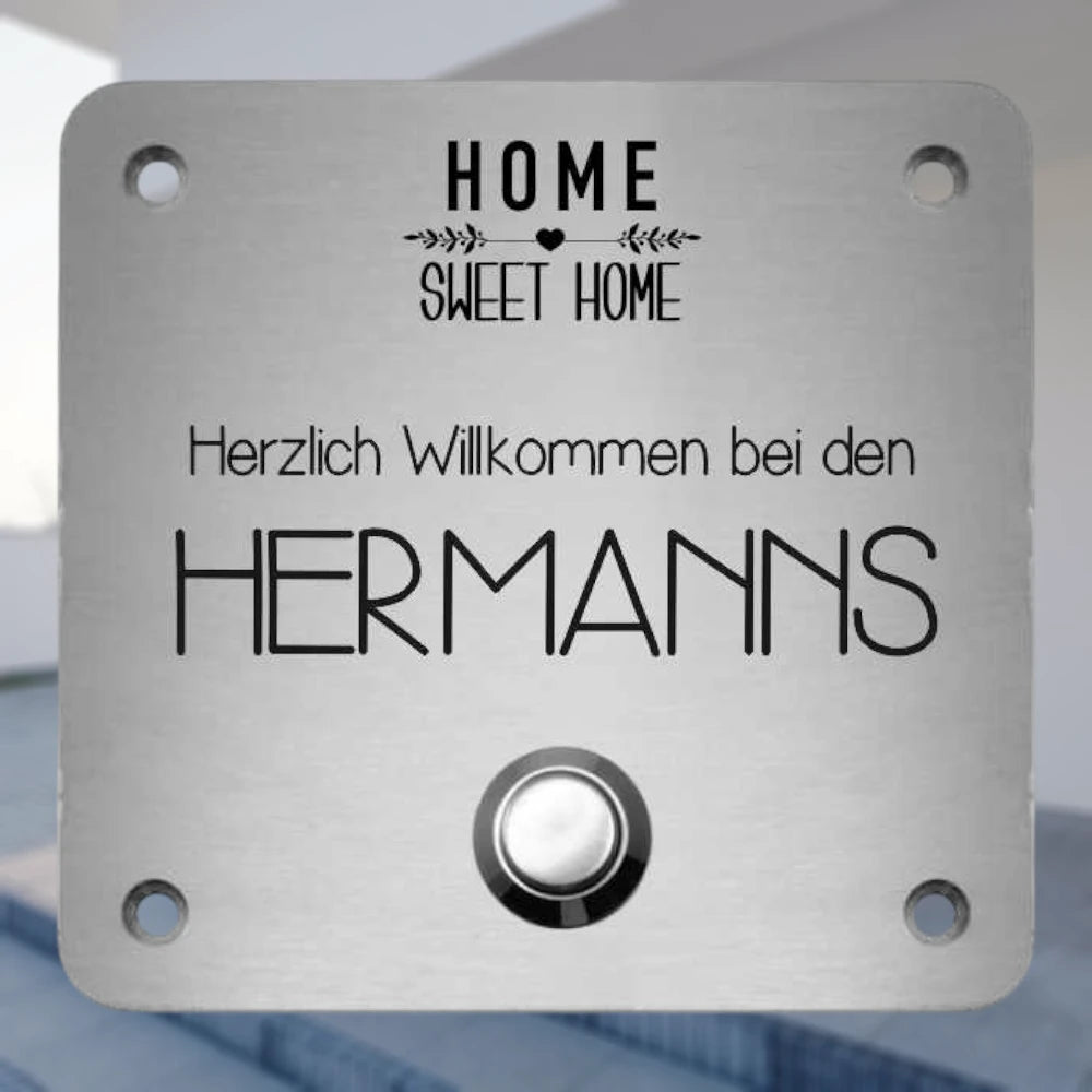 Klingelplatte Edelstahl - Quadrat | Personalisiertes Türschild mit Klingel | selbst gestalten