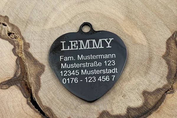 Hundemarke mit Foto und Gravur als Herz schwarz - Muster Rückseite