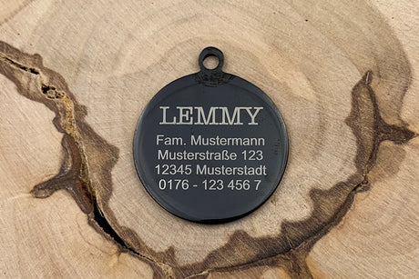 Hundemarke mit Foto und Gravur rund schwarz Muster Rückseite