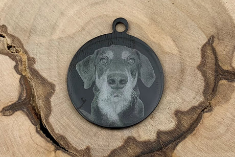 Hundemarke mit Foto und Gravur rund schwarz Muster Lemmy