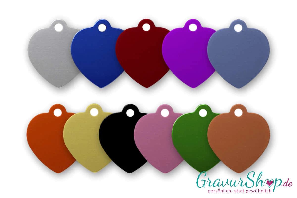 Katzenmarke mit Gravur aus Aluminium Herz mittel - Übersicht Farben