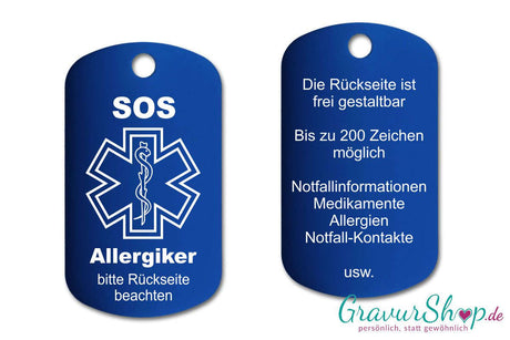 Allergie, Allergiker - SOS Notfallkette, Notfallanhänger mit Gravur - blau