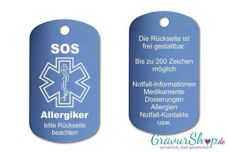 Allergie, Allergiker - SOS Notfallkette, Notfallanhänger mit Gravur - hellblau