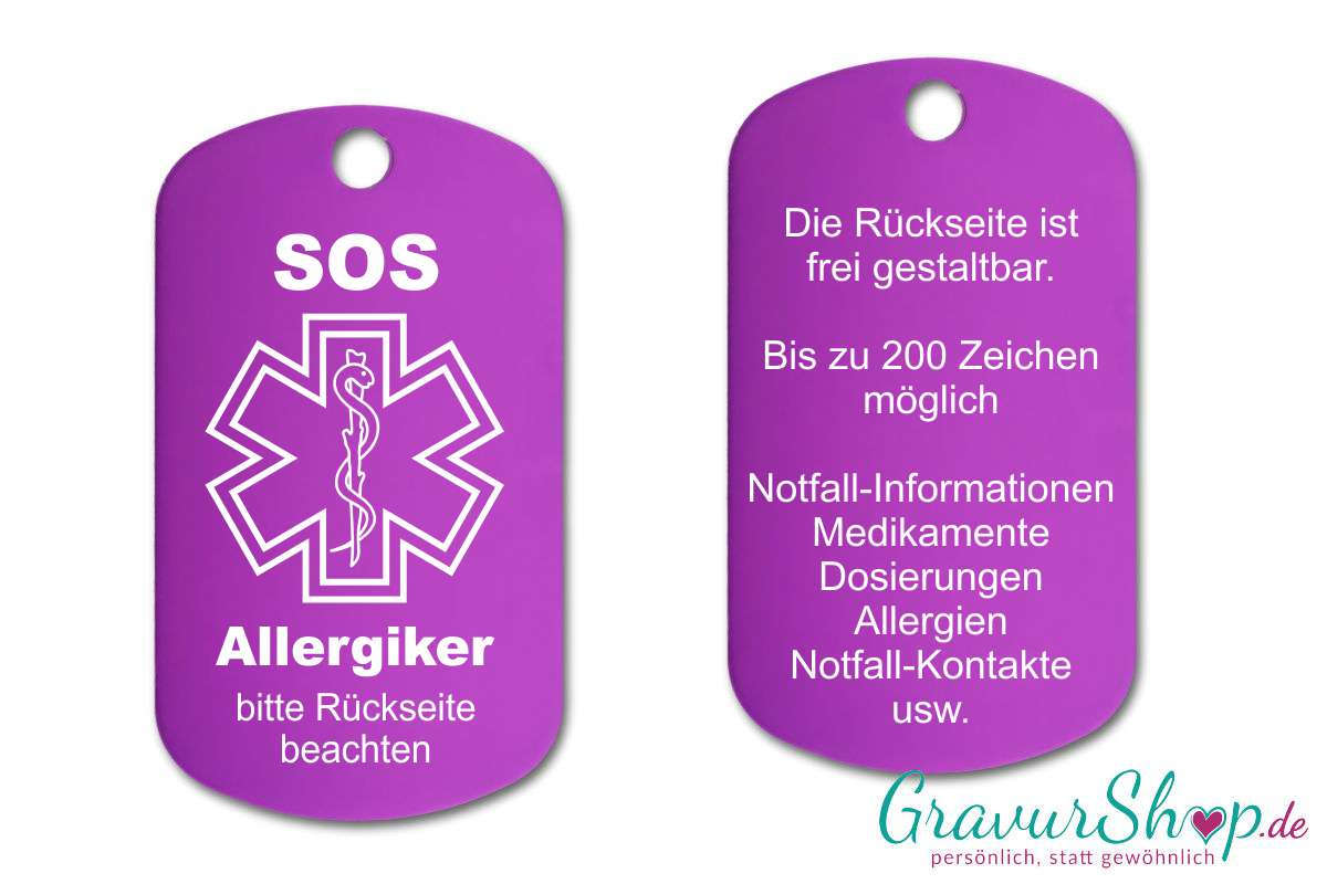 Allergie, Allergiker - SOS Notfallkette, Notfallanhänger mit Gravur - lila