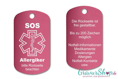 Allergie, Allergiker - SOS Notfallkette, Notfallanhänger mit Gravur - pink