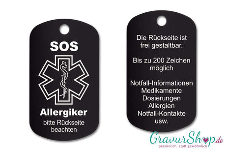 Allergie, Allergiker - SOS Notfallkette, Notfallanhänger mit Gravur - schwarz