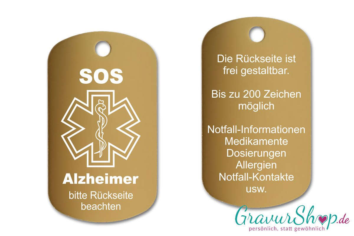 Alzheimer - SOS Notfallkette, Notfallanhänger mit Gravur - gold
