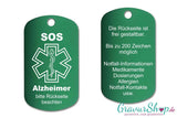 Alzheimer - SOS Notfallkette, Notfallanhänger mit Gravur - grün