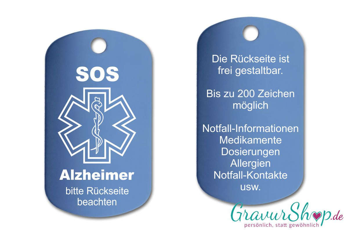 Alzheimer - SOS Notfallkette, Notfallanhänger mit Gravur - hellblau