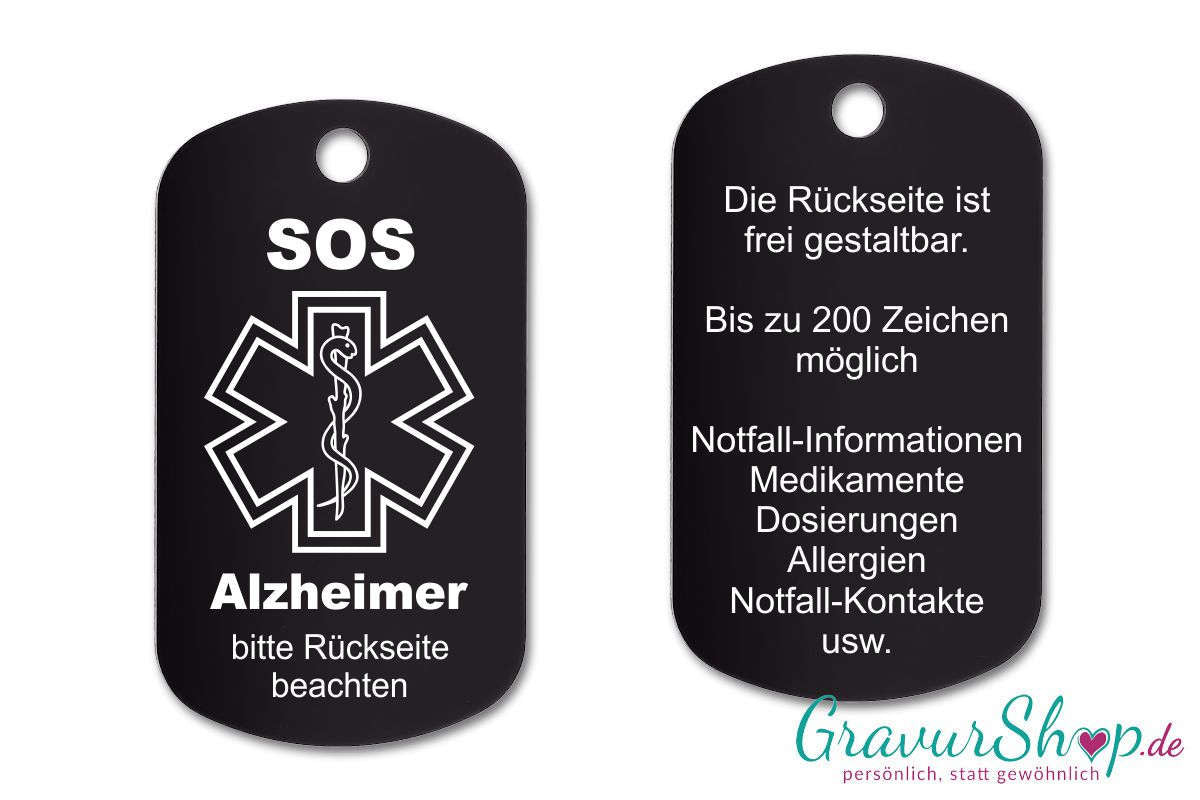 Alzheimer - SOS Notfallkette, Notfallanhänger mit Gravur - schwarz