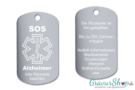 Alzheimer - SOS Notfallkette, Notfallanhänger mit Gravur - silber
