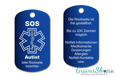 Autist - SOS Notfallkette, Notfallanhänger mit Gravur - blau