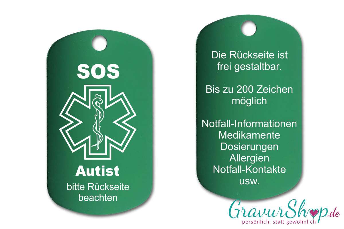 Autist - SOS Notfallkette, Notfallanhänger mit Gravur - grün